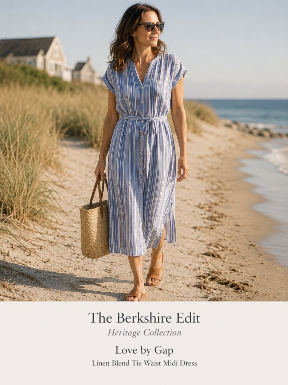 Love by Gap Blue White Stripe Linen Blend Tie Waist Midi Dress XS Coastal